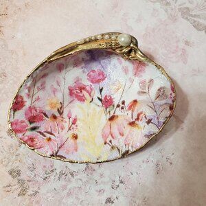 Decoupage Floral Shell Liquid Gold Leaf Trim Trinket Jewelry Dish-Pretty